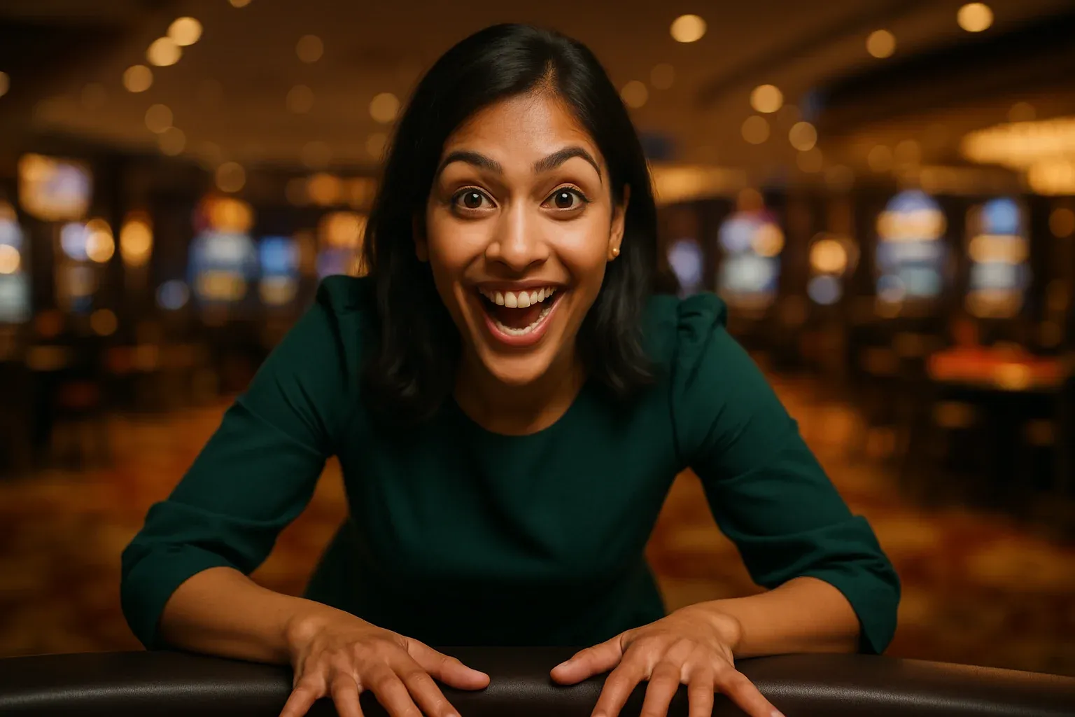 Photorealistic portrait of excited Bangladeshi woman with bokeh casino lights