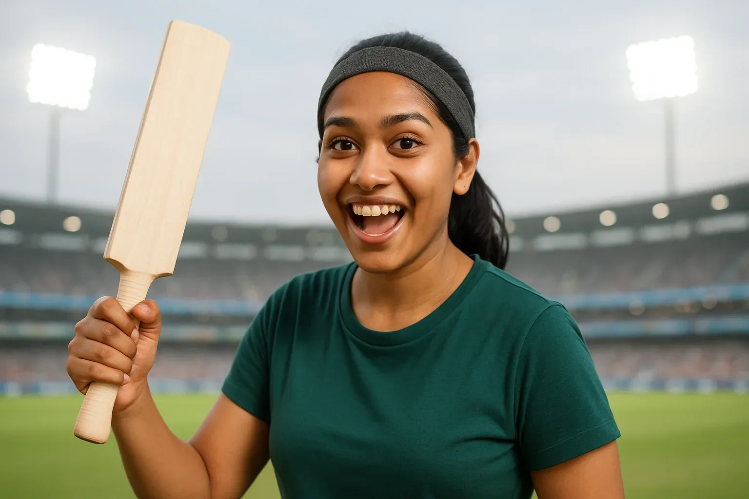Excited Bangladeshi woman holding cricket bat in stadium background