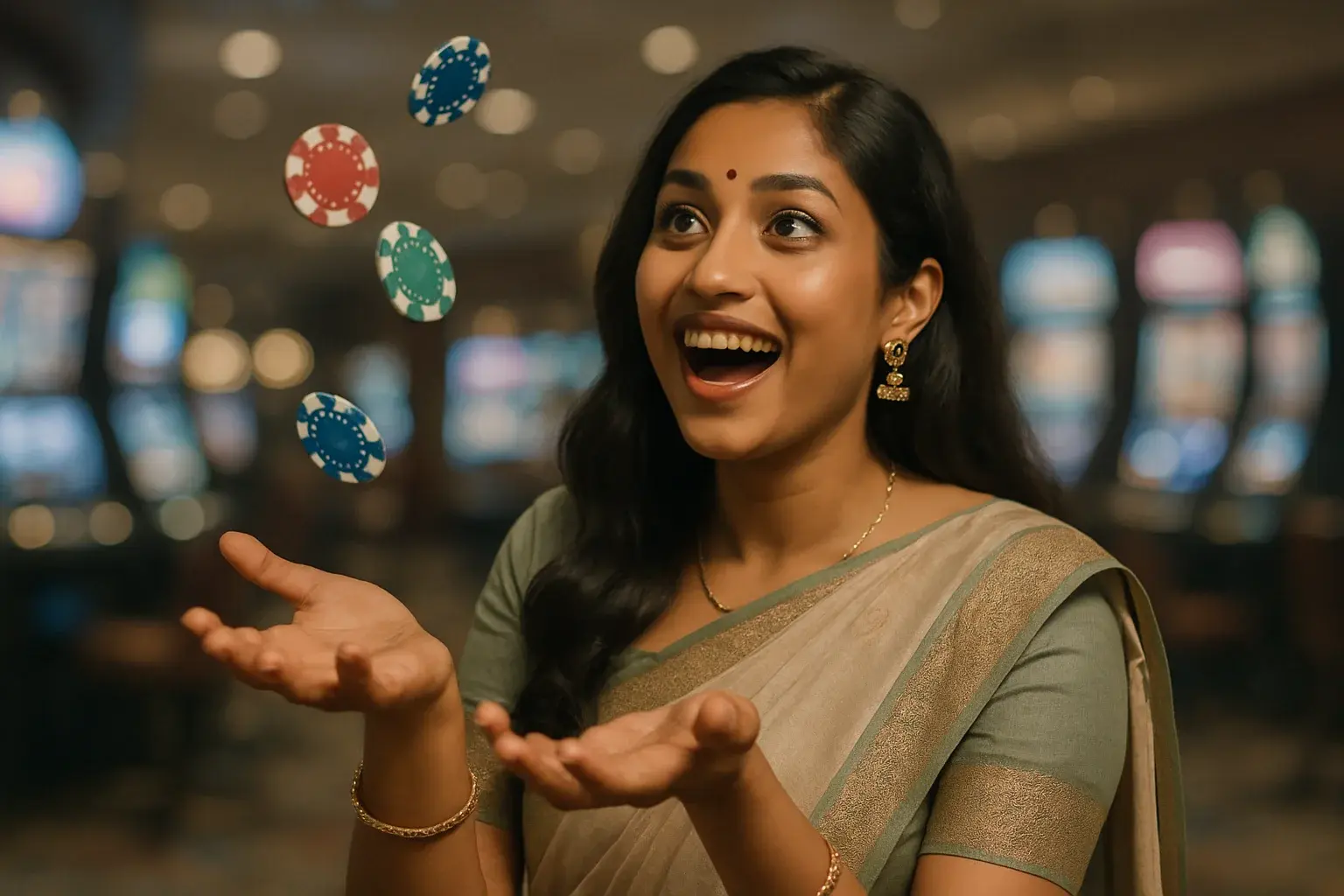 Excited Bangladeshi woman in elegant saree catching falling casino chips