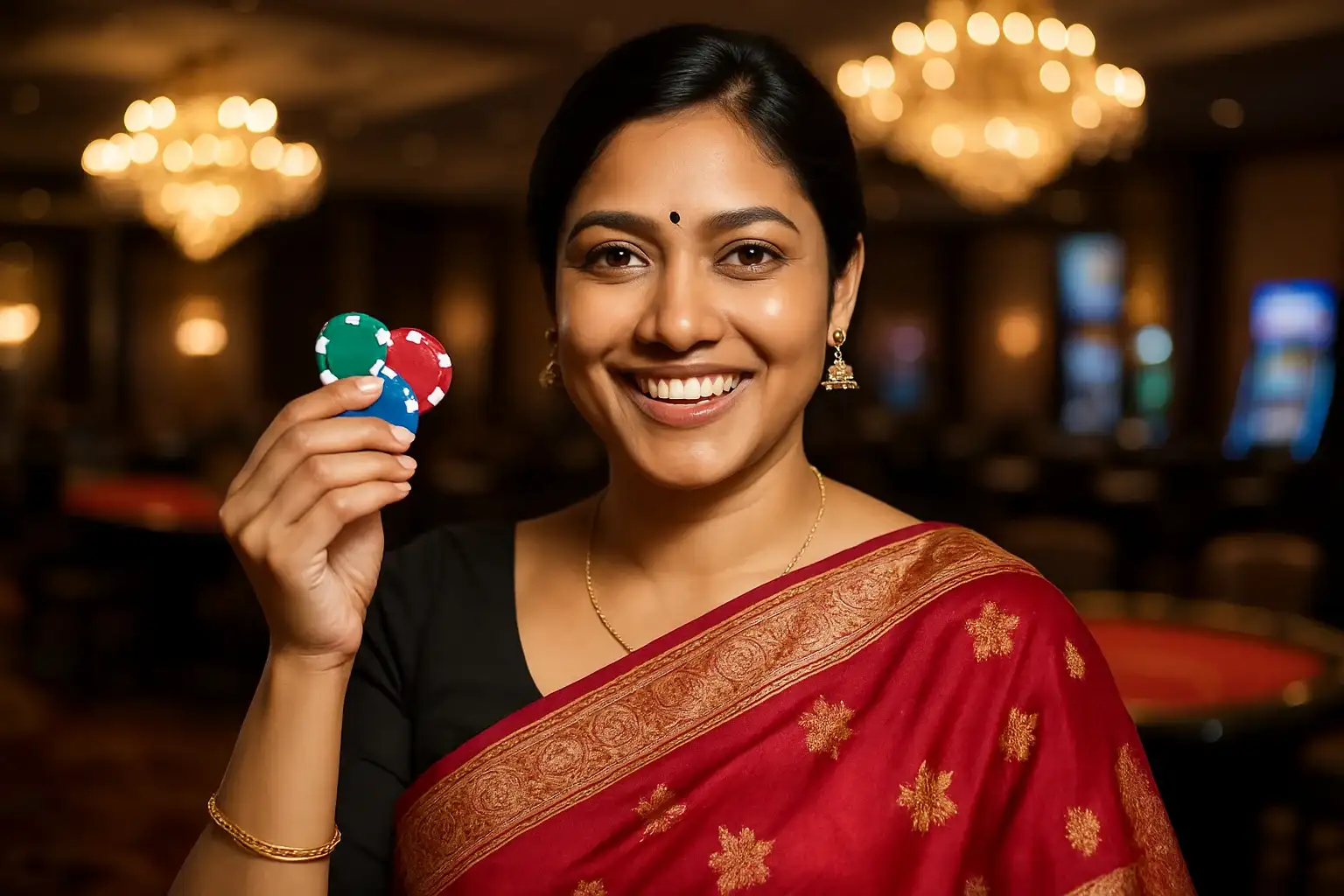 Confident Bangladeshi woman in saree holding casino chips in VIP casino