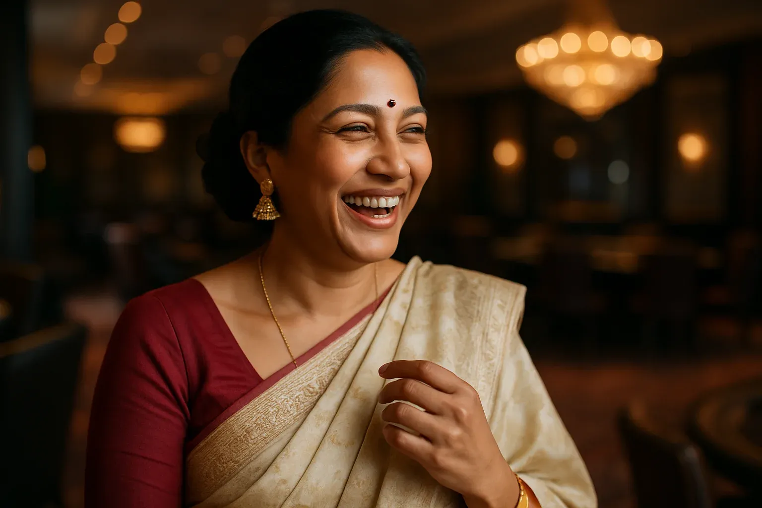 Sophisticated Bangladeshi woman in elegant saree laughing in VIP casino lounge