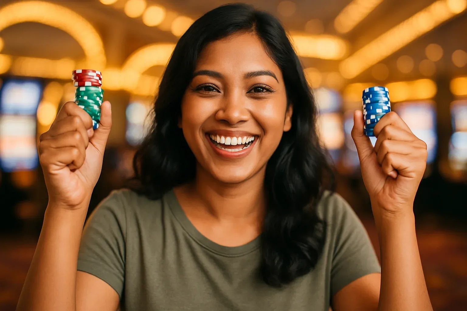 Joyful Bangladeshi woman holding casino chips, blurred neon casino background